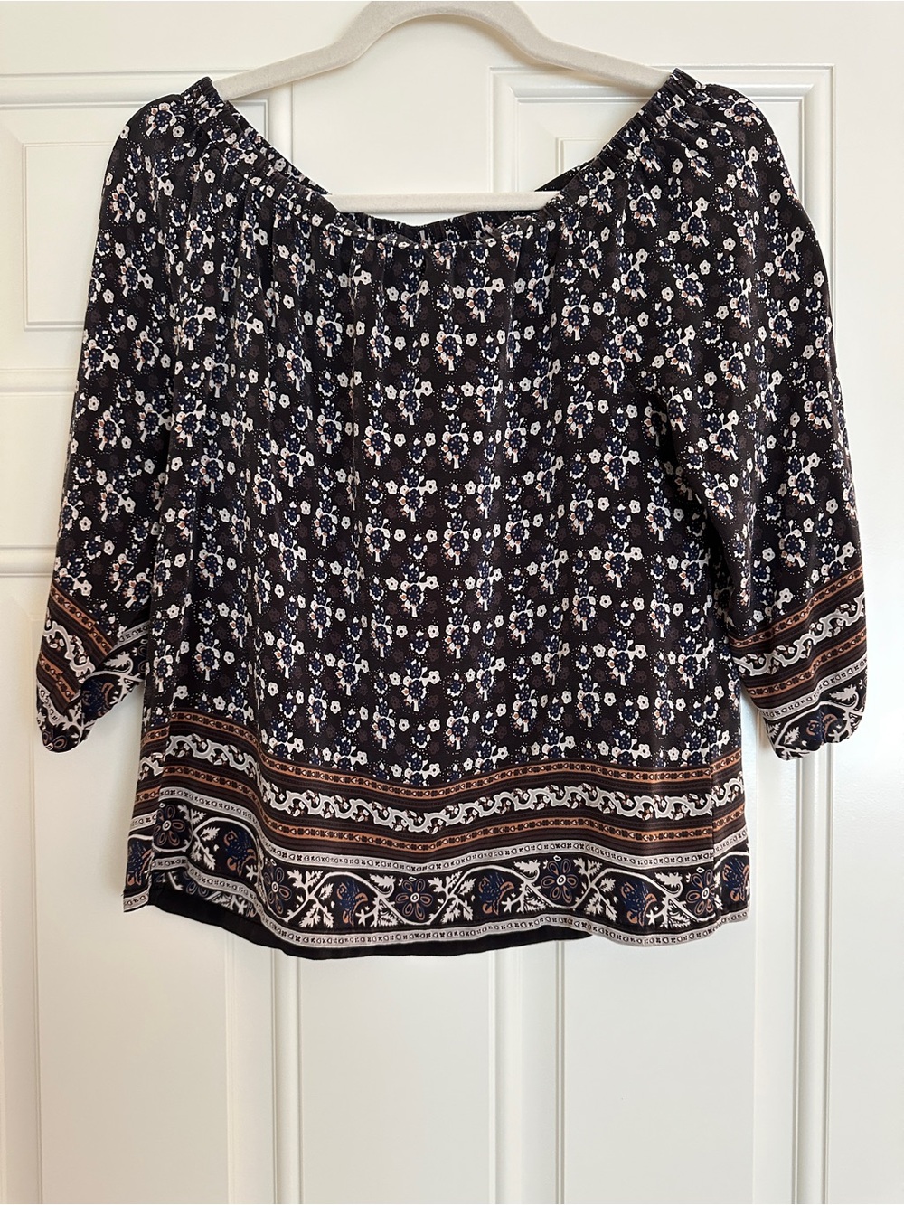 100% Silk Navy Floral Border Peasant Blouse